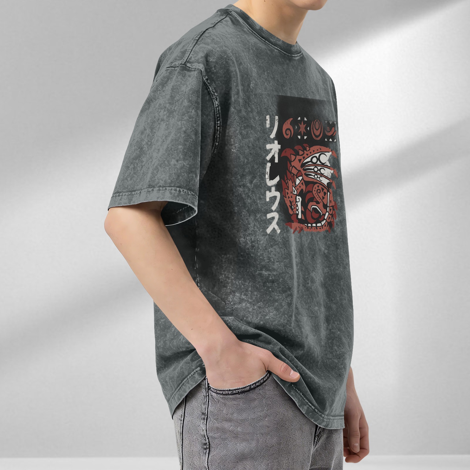 Monster Hunter Rathalos Japanese Art Acid Wash Graphic T-Shirt