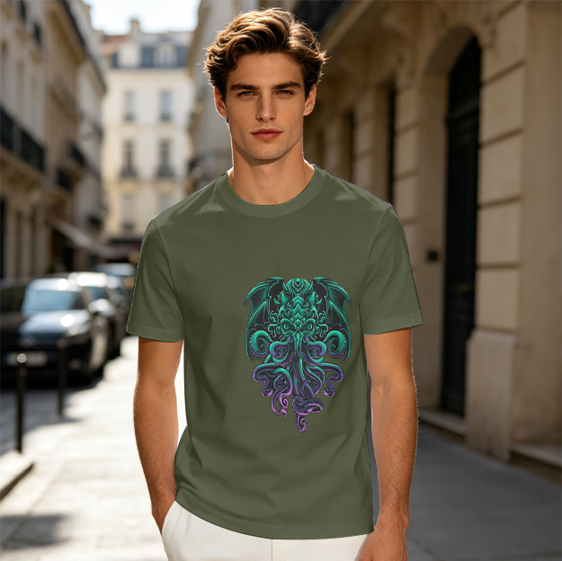 Olive Green T-Shirt With Cthulhu Octopus Dragon Graphic