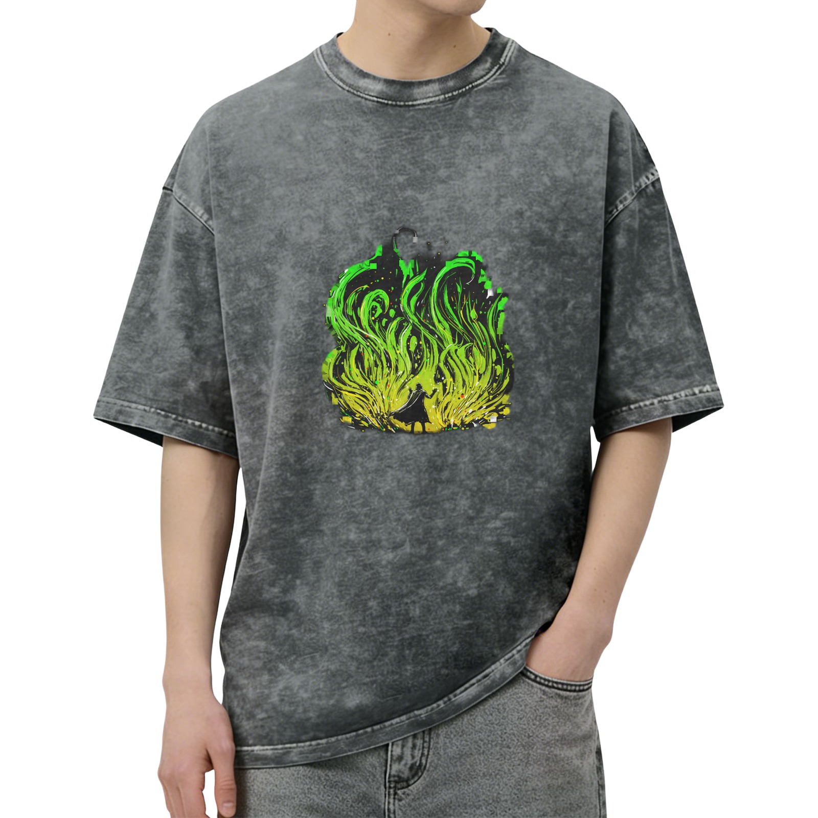 Oversized Acid Wash T-Shirt With Green Flame Silhouette Print