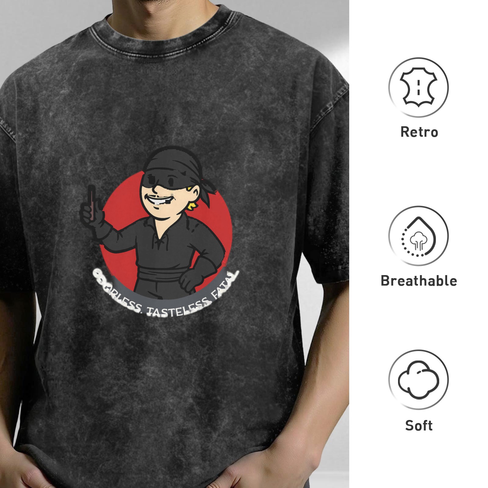 Washed black t-shirt with masked swordsman graphic and funny text
