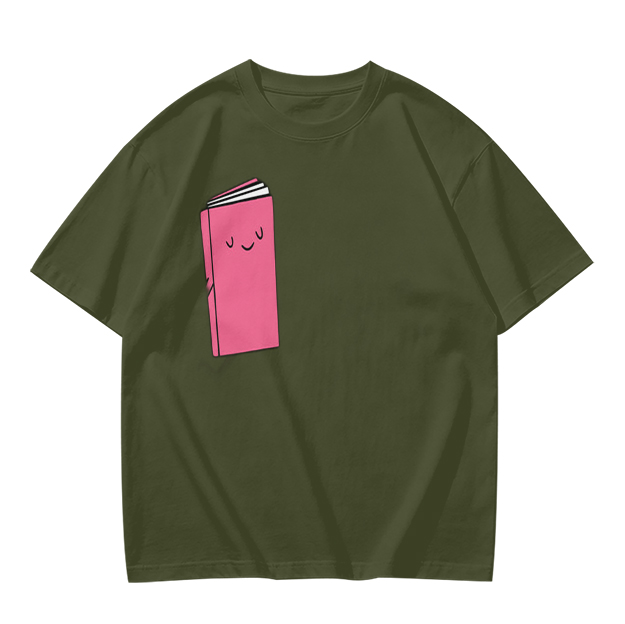 Olive Green T-Shirt With Cute Smiling Pink Book Graphic