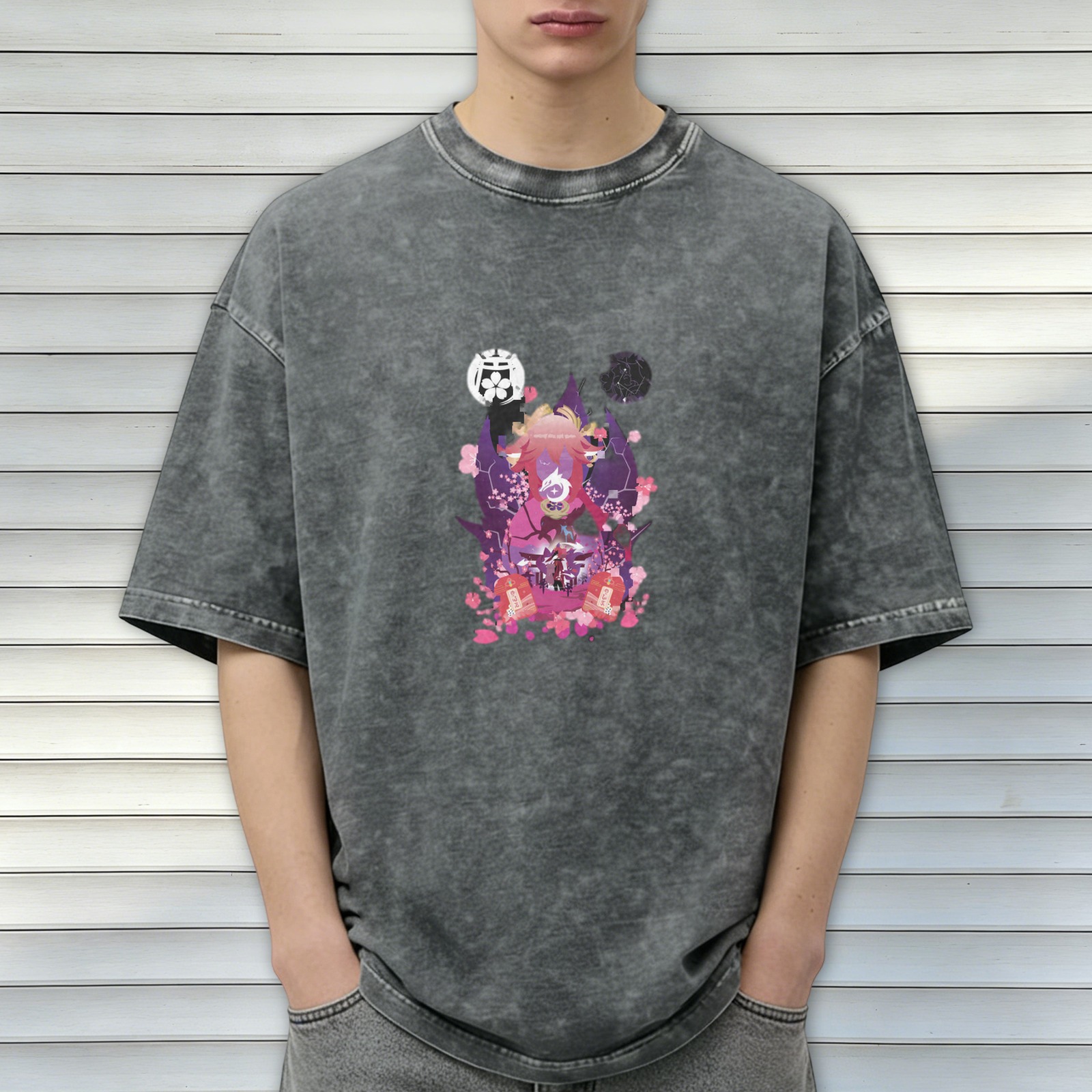 Washed Black Anime Graphic T-Shirt with Cherry Blossom Design