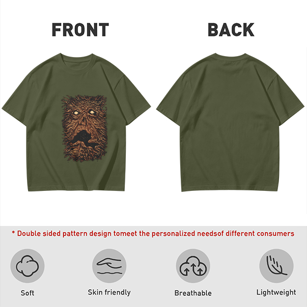 Olive Green T-Shirt with Spooky Tree Monster Face Print