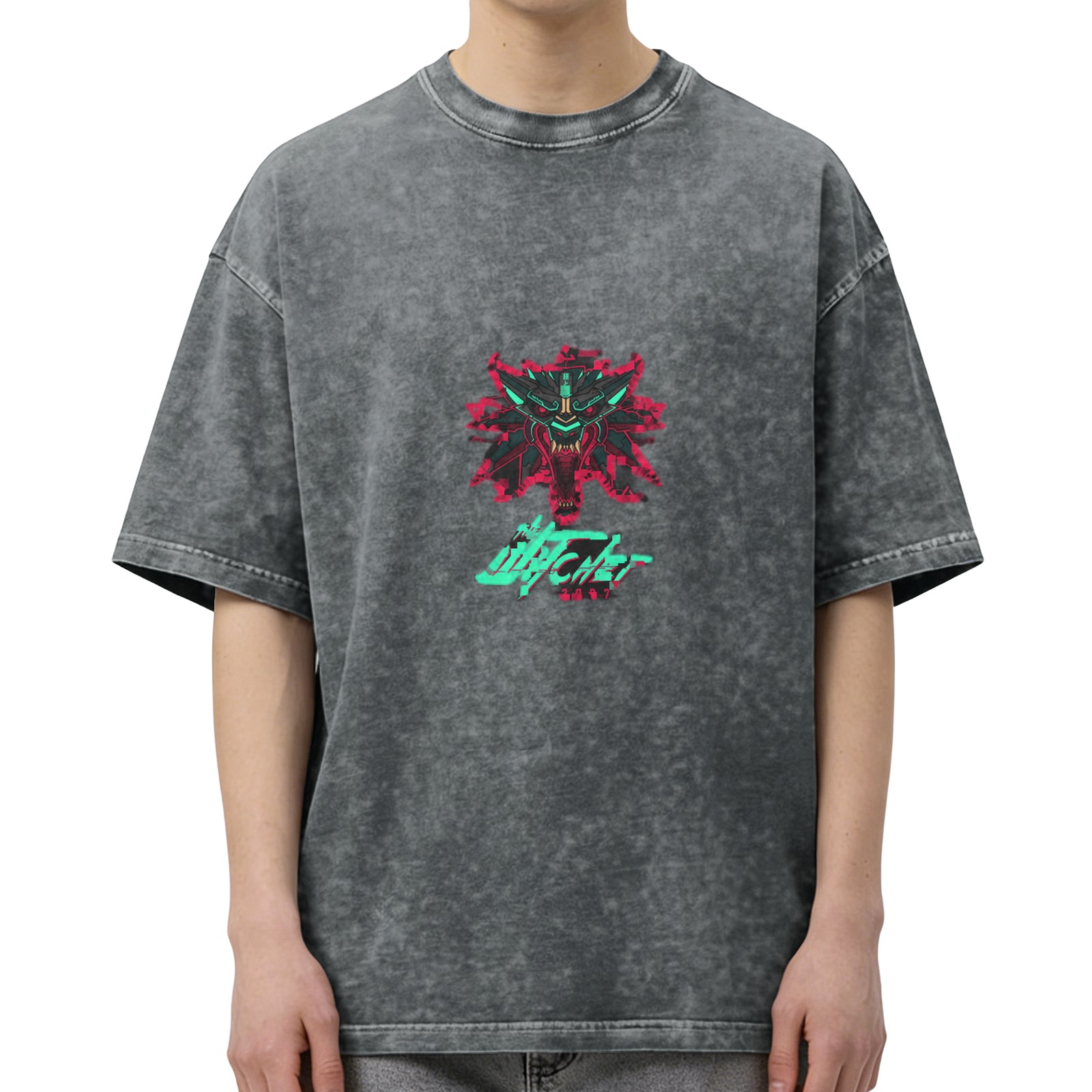 Cyberpunk Witcher Wolf Emblem Acid Wash T-shirt