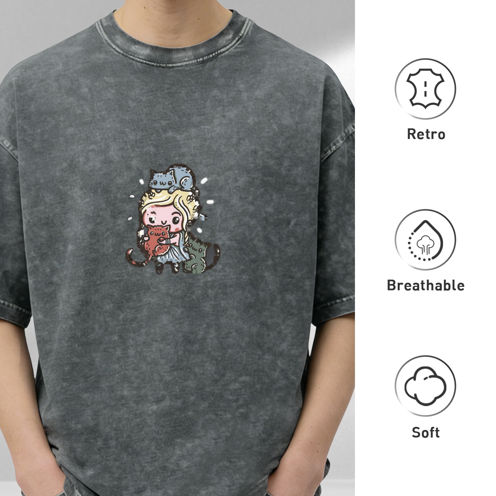 Oversized Dark Wash T-Shirt With Cute Cartoon Girl And Cats Print