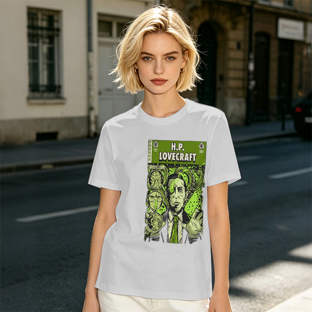 H.P. Lovecraft Comic Print Graphic Olive T-Shirt