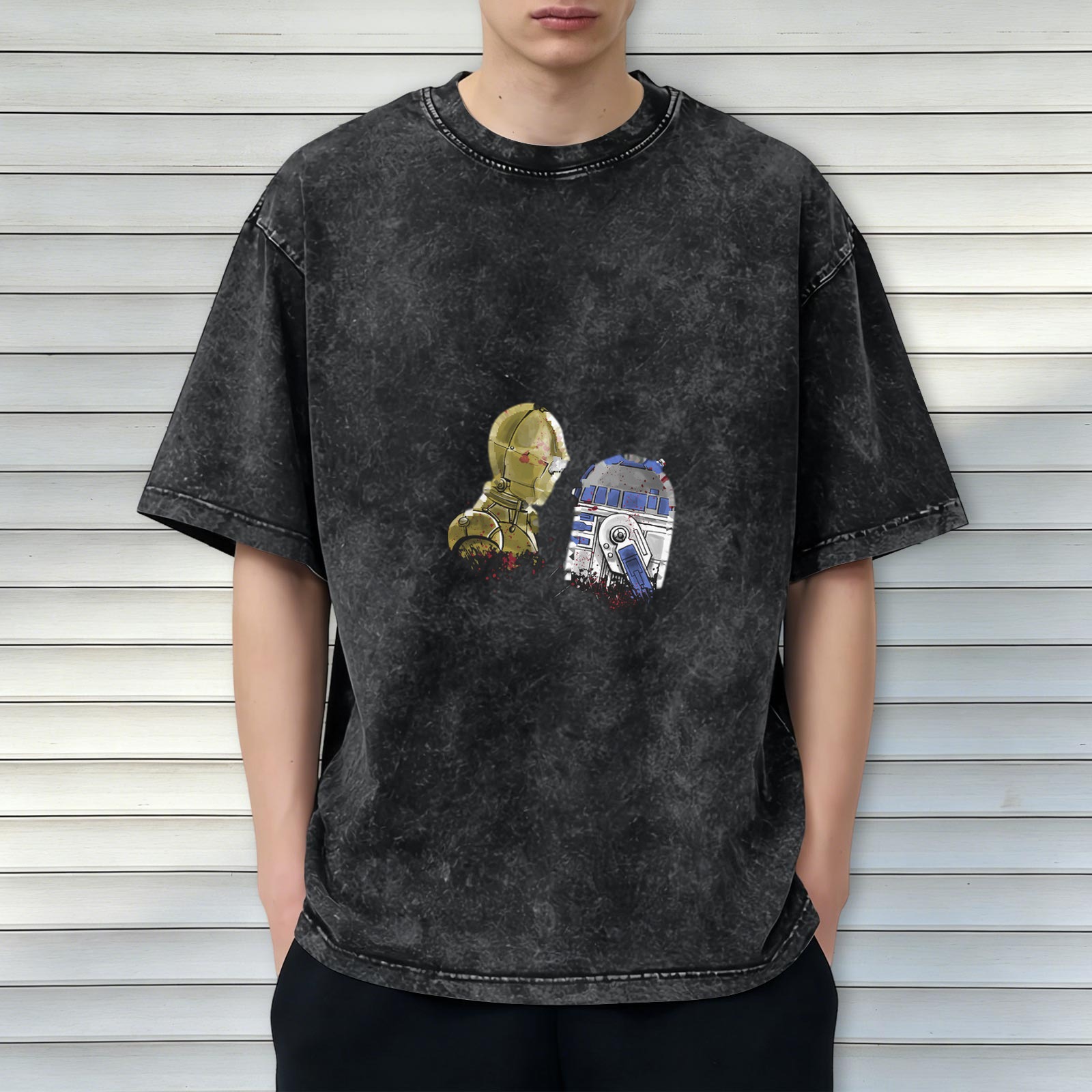Distressed black short-sleeved T-shirt Star Wars C-3PO and R2-D2 printed loose top