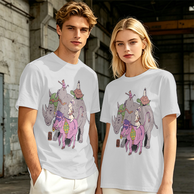 Olive T-Shirt With Whimsical Fantasy Animal Group Print
