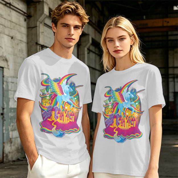Olive T-Shirt With Whimsical Rainbow Fantasy Creature Castle Art