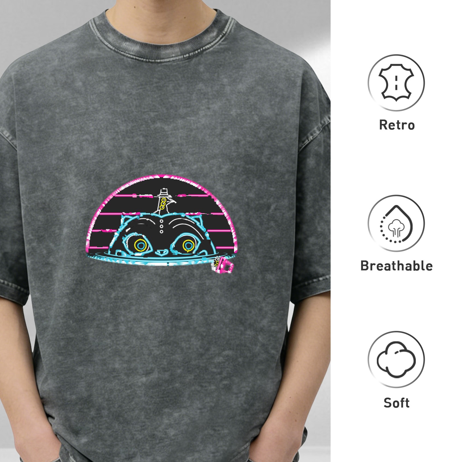 Washed black graphic t-shirt with neon cyber cat design