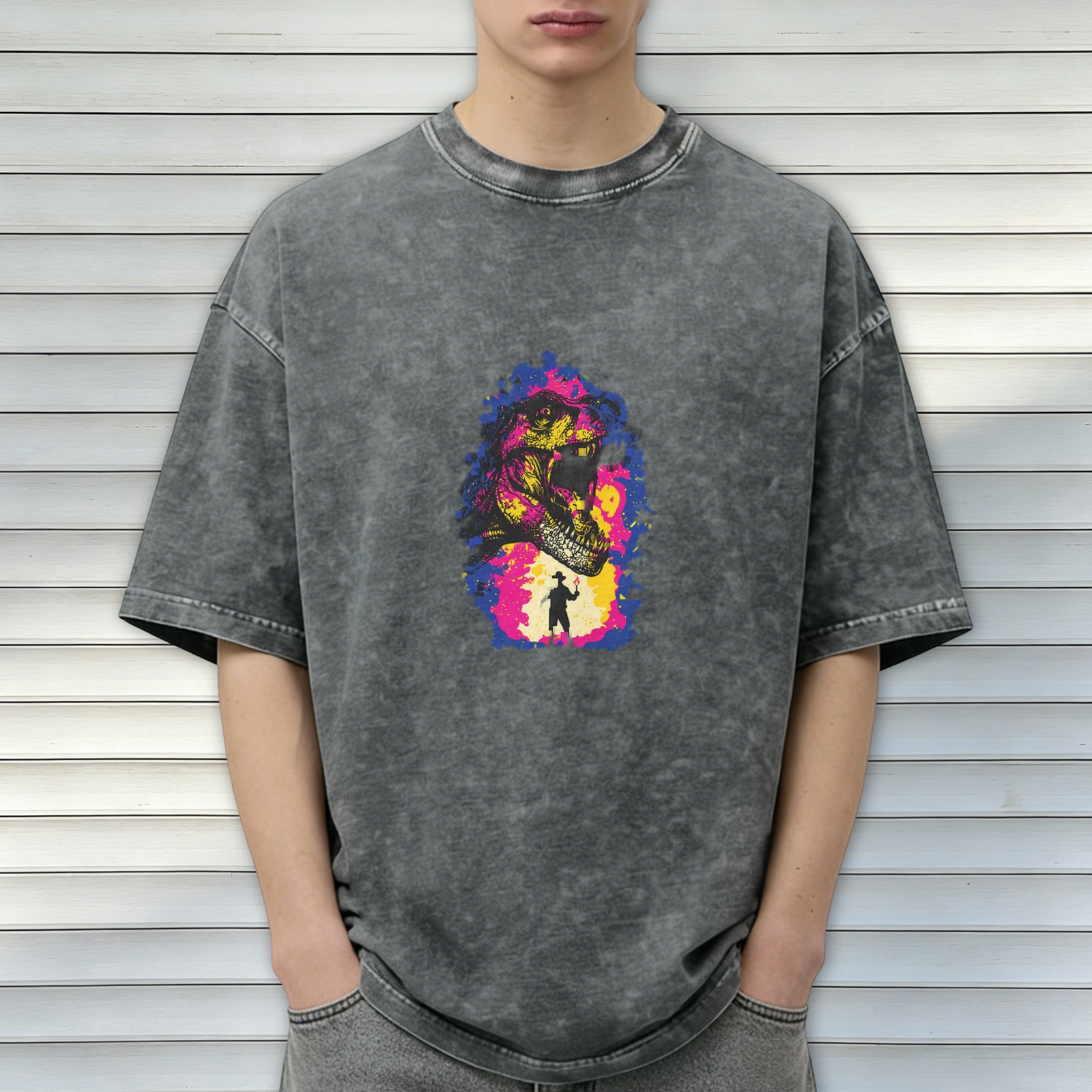 Washed Black Oversized T-Shirt with Dinosaur Cowboy Graphic