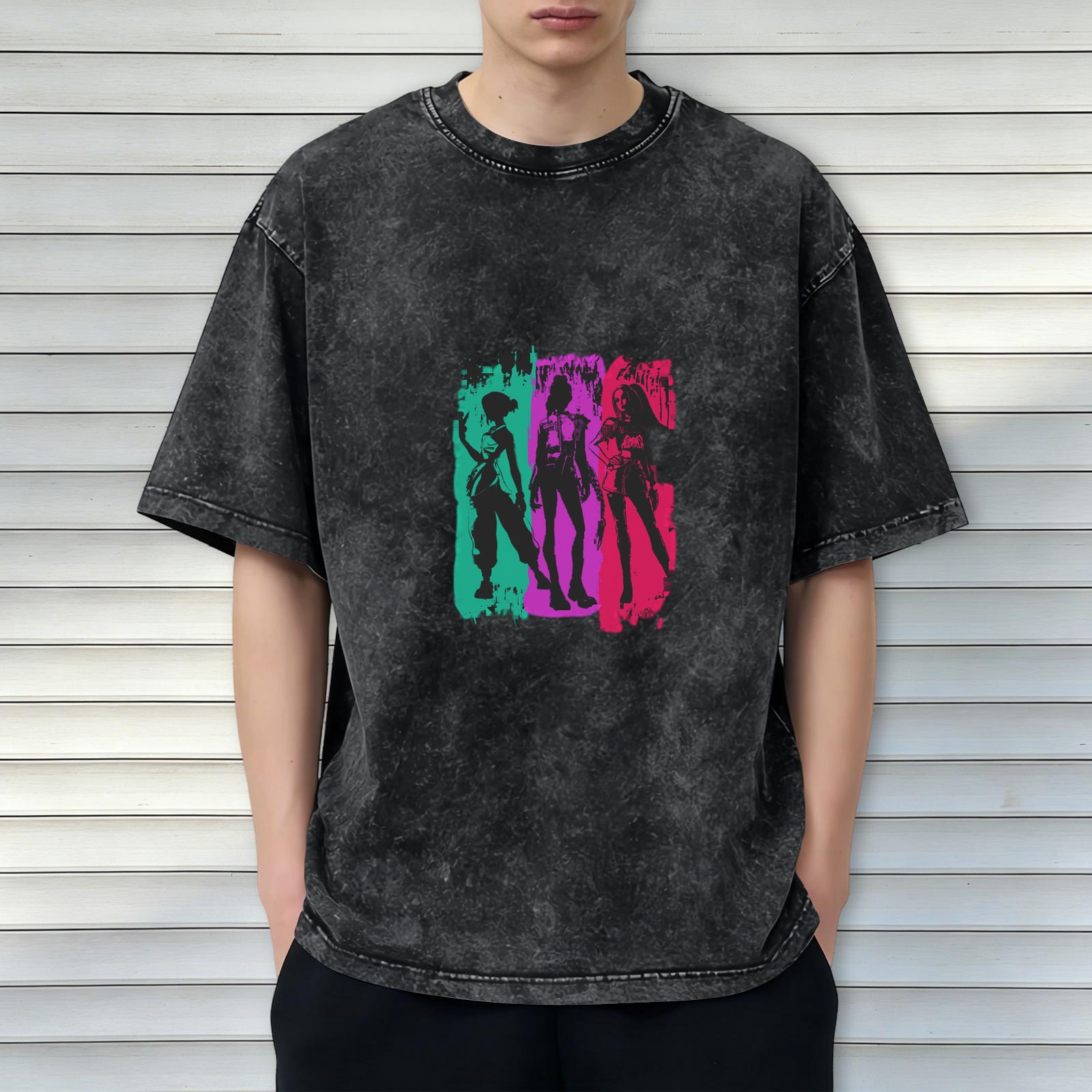 Washed Black T-Shirt with Neon Three Female Silhouette Print