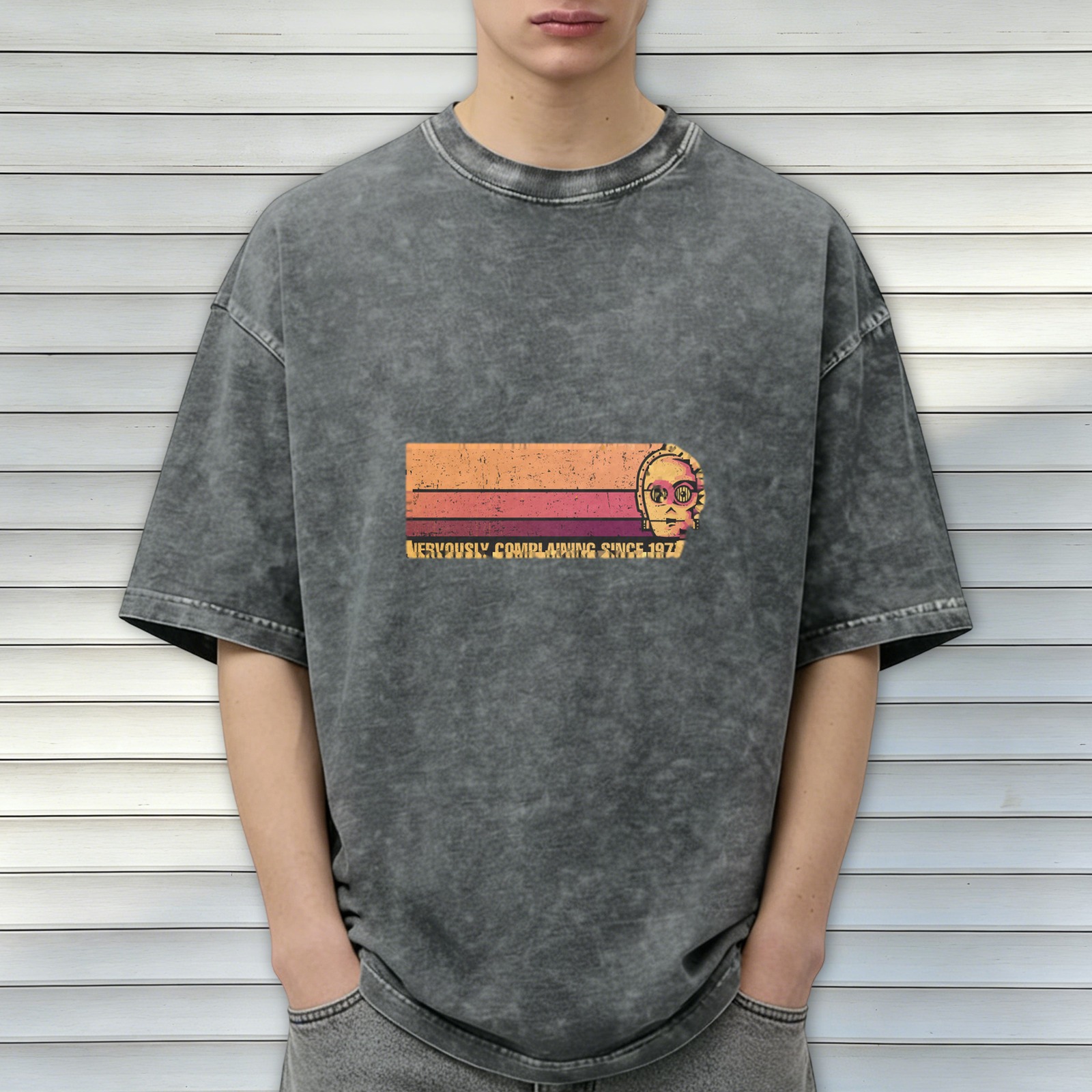 Washed Black Graphic T-Shirt with Nervously Complaining Since 1977 Print
