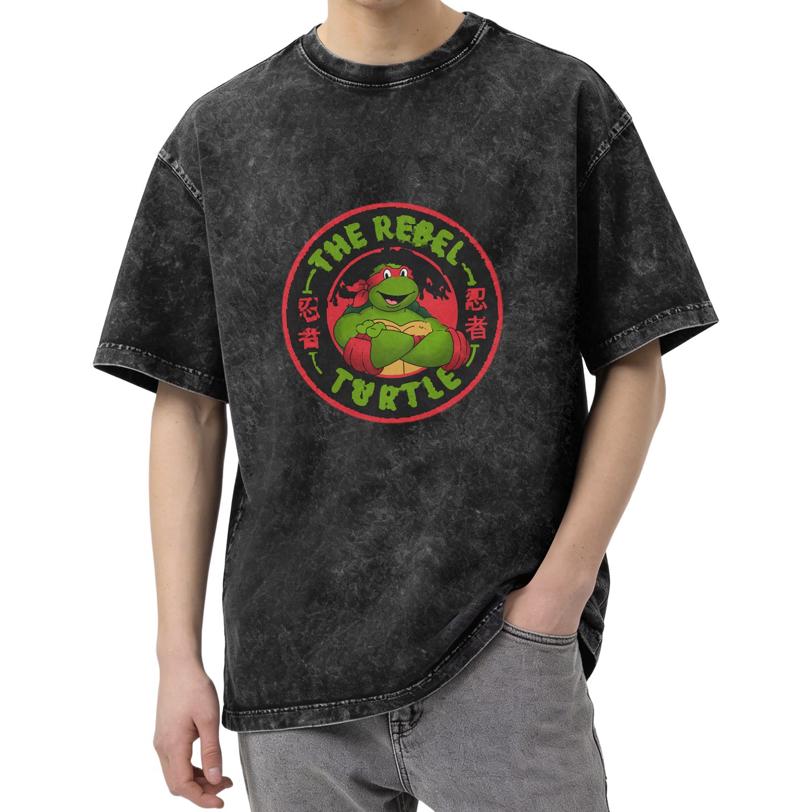 Washed black t-shirt with Teenage Mutant Ninja Turtle Rebel Turtle graphic