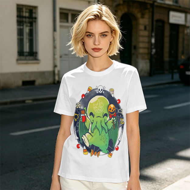 Olive T-Shirt With Cute Halloween Cthulhu Graphic Print