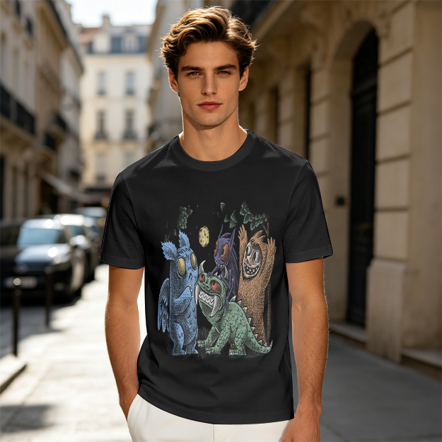 Olive Green T-Shirt With Whimsical Monster Crew Graphic Print