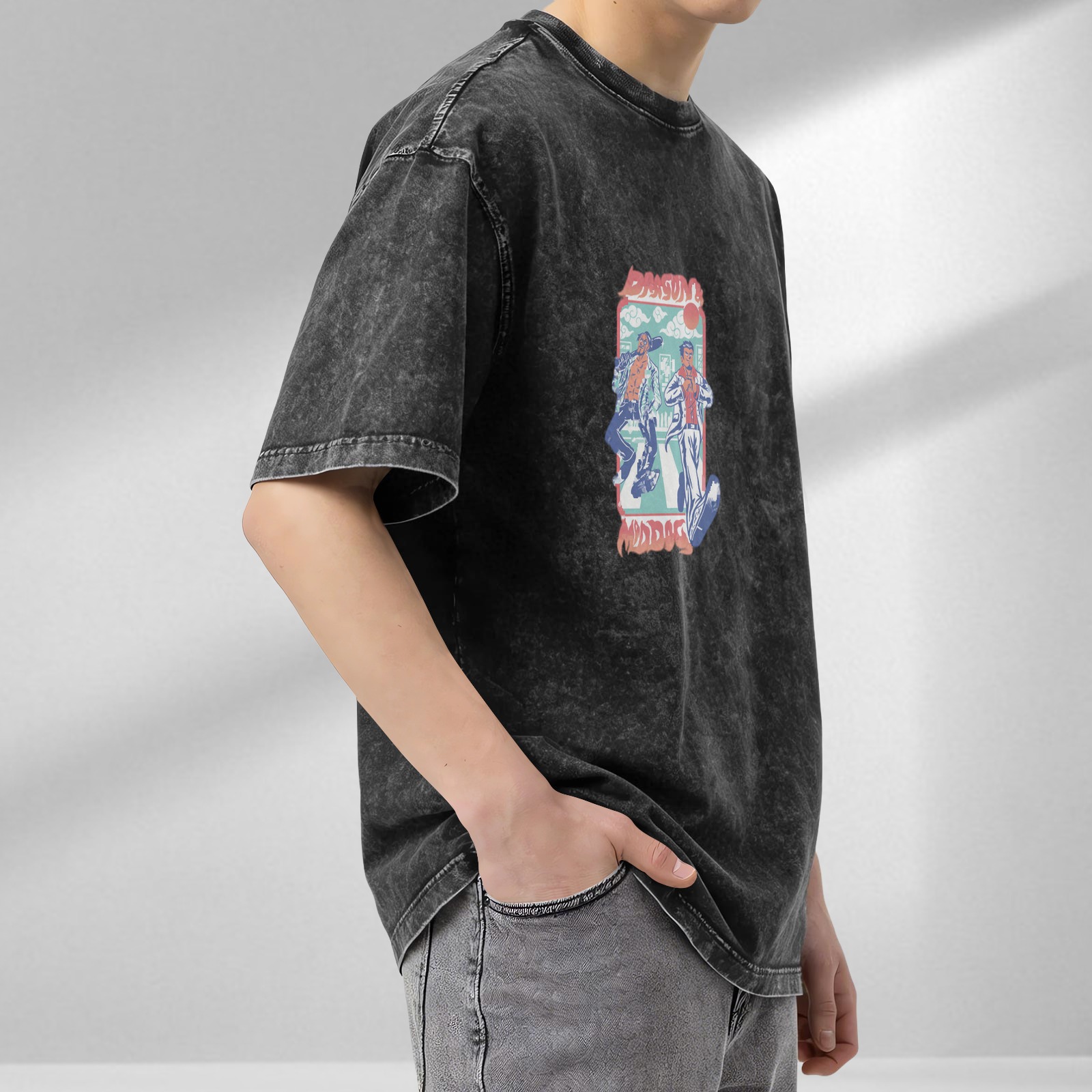 Vintage Washed Graphic T-Shirt with Retro Street Characters Print