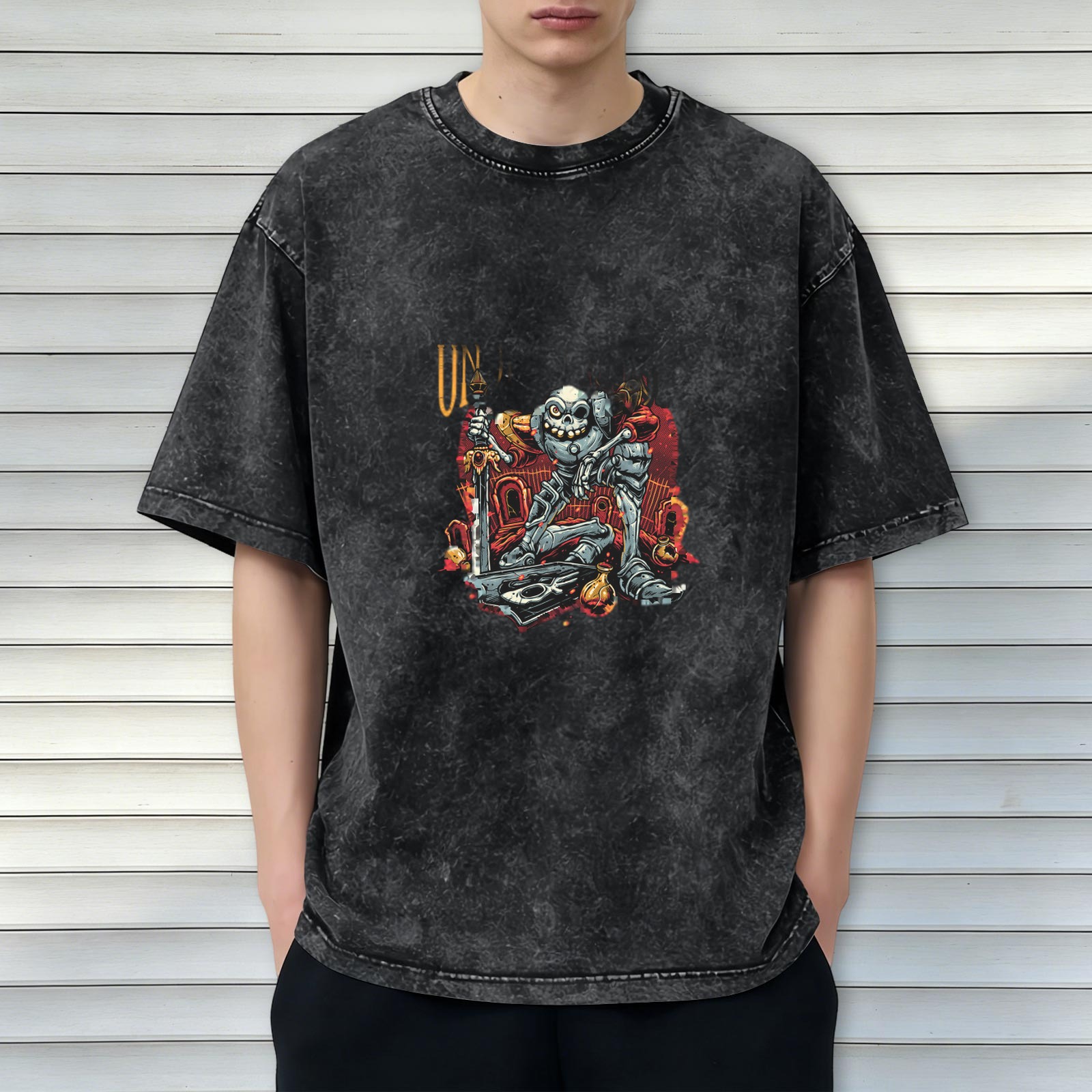 Washed Black Oversized T-Shirt With Skeleton Knight Graphic Print