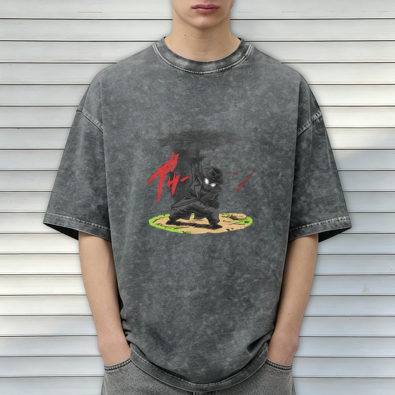 Washed black oversized t-shirt with anime ninja graphic print