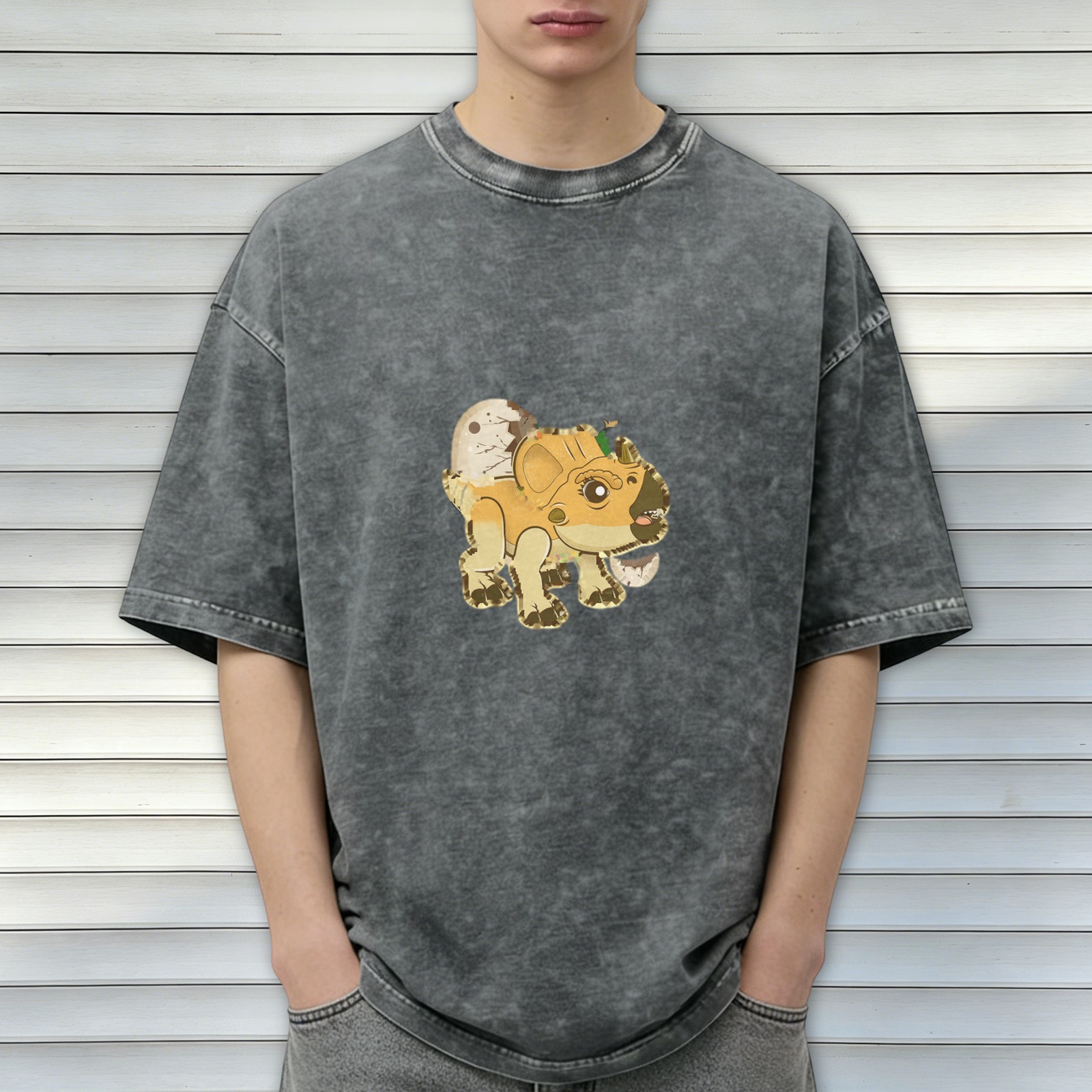 Washed Black T-Shirt With Cute Baby Triceratops Dinosaur Graphic