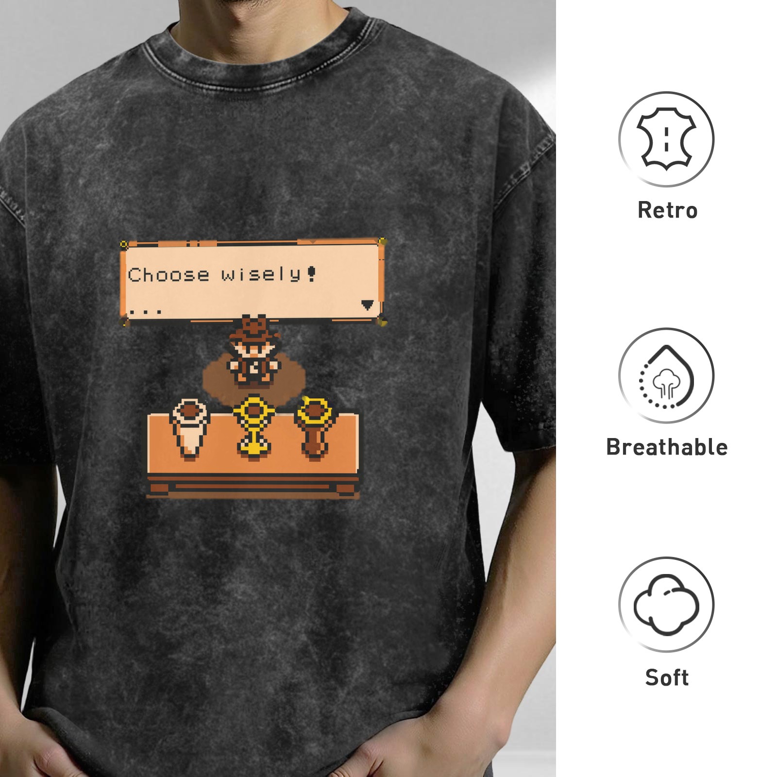 Retro Pixel Art Choose Wisely Graphic Dark Wash T-Shirt