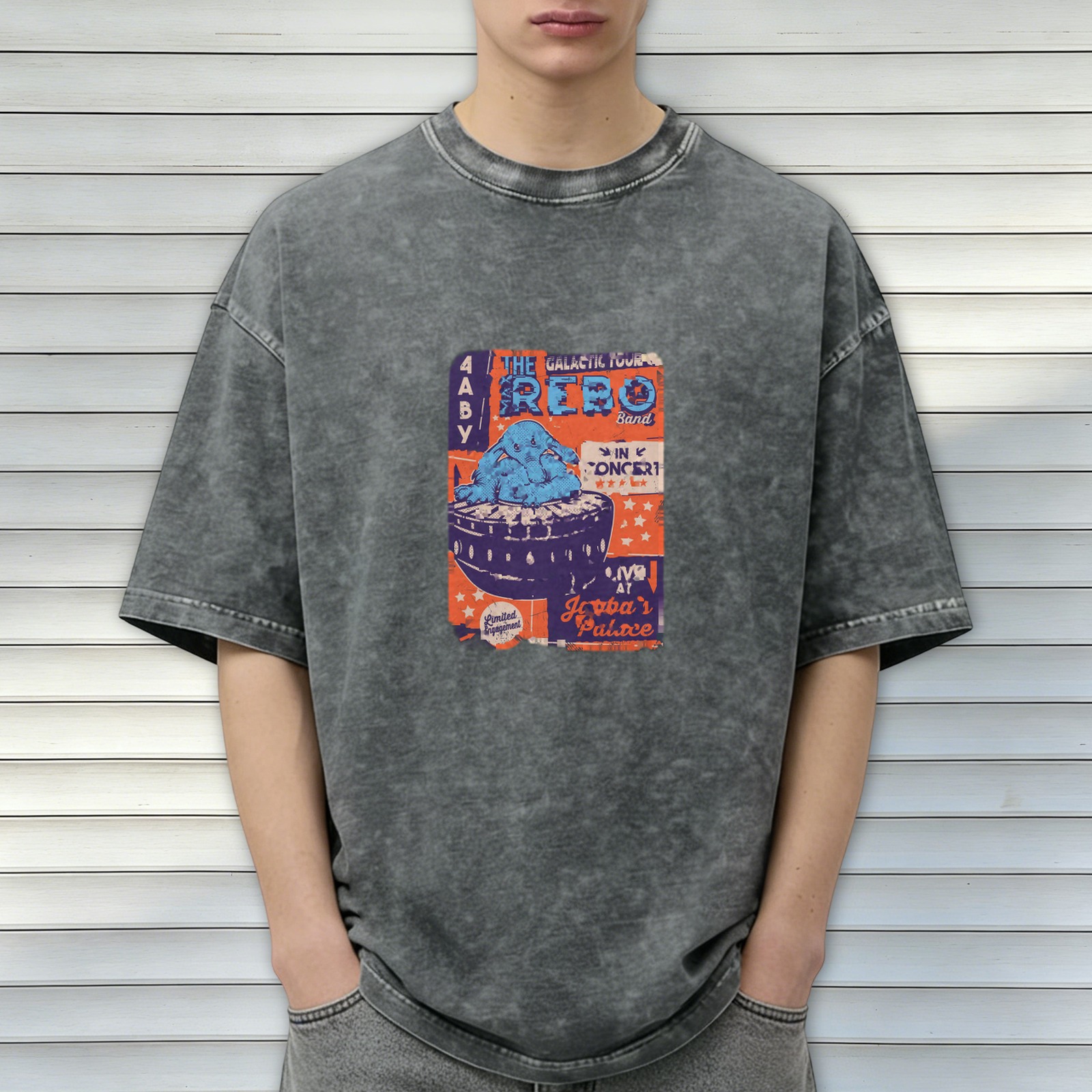 Oversized Acid Wash T-Shirt with The Max Rebo Band Jabba's Palace Concert Print