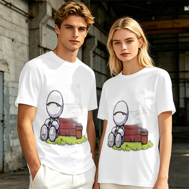 Olive T-Shirt With Sad Sitting Robot Graphic Print