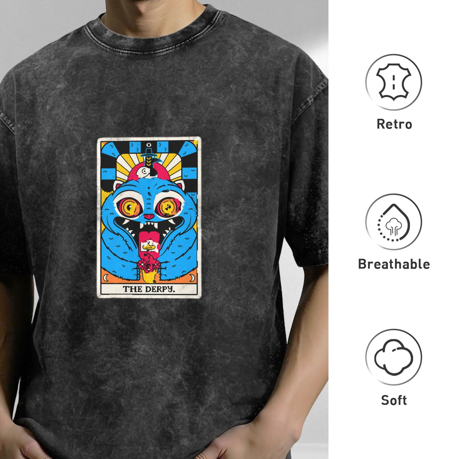 Distressed washed black loose short-sleeved T-shirt Fun tarot card style blue monster print top