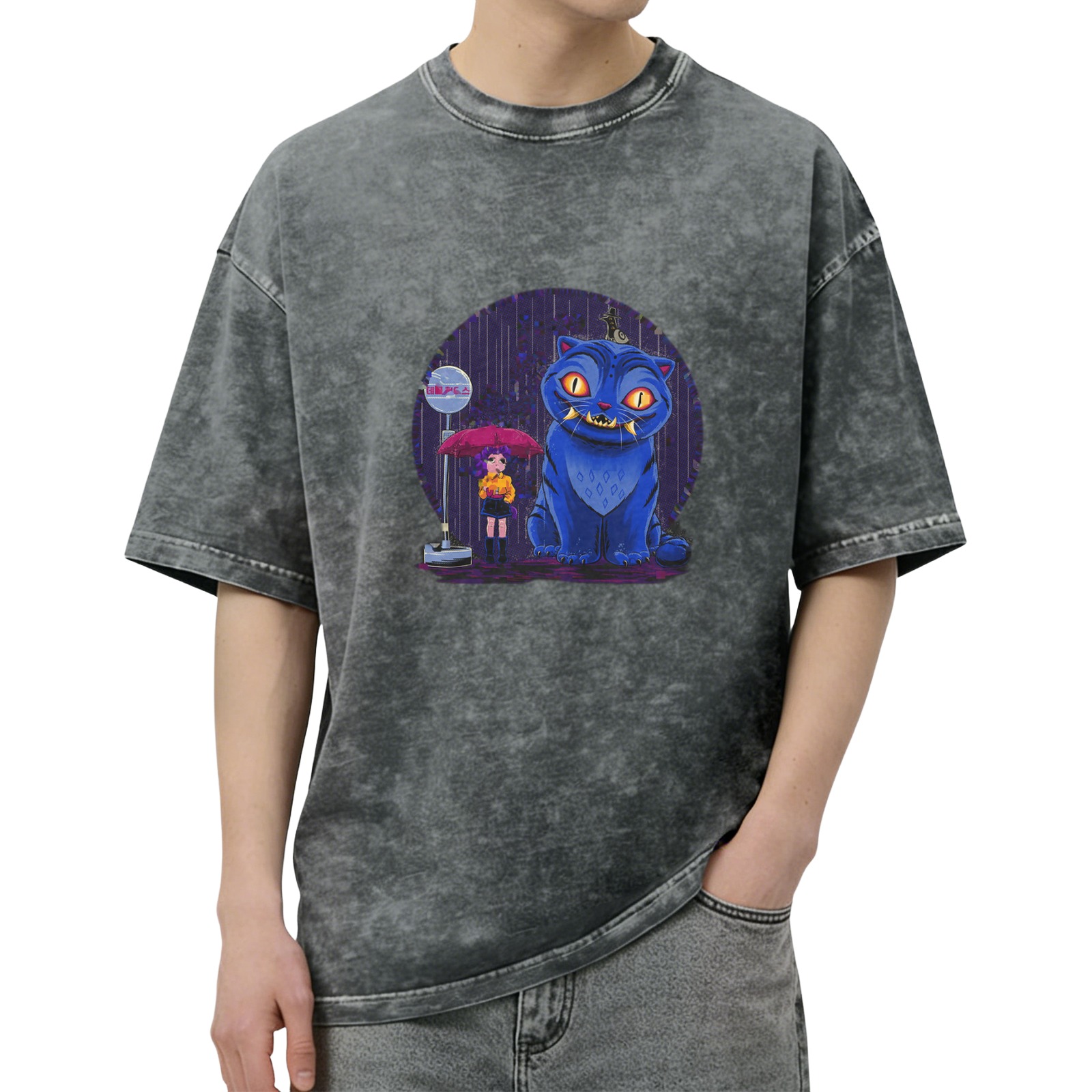 Oversized Acid Wash T-Shirt With Blue Cheshire Cat And Girl Graphic