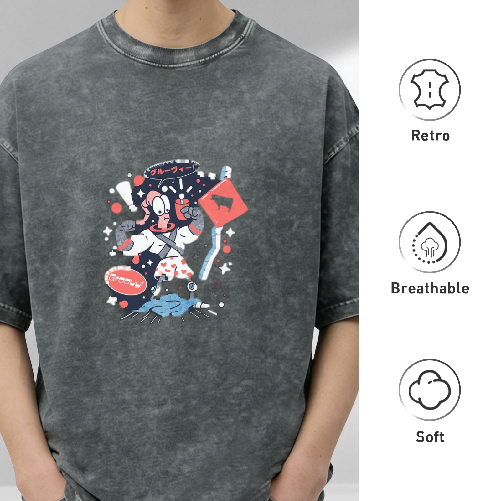 Washed black graphic t-shirt with retro cartoon space character print