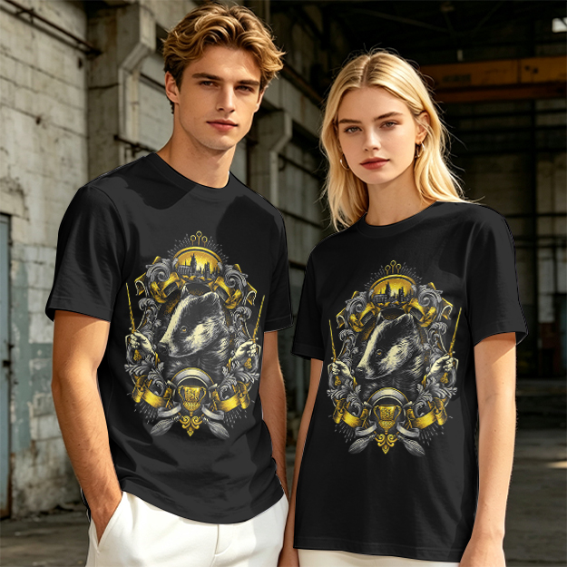 Olive T-shirt with Badger Crest Magical Artwork Print