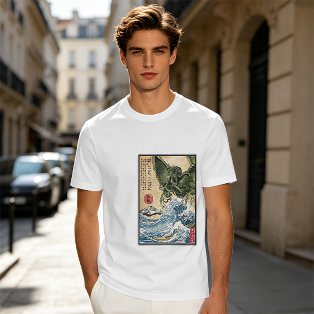 Olive T-shirt with Japanese ukiyo-e style Cthulhu wave print