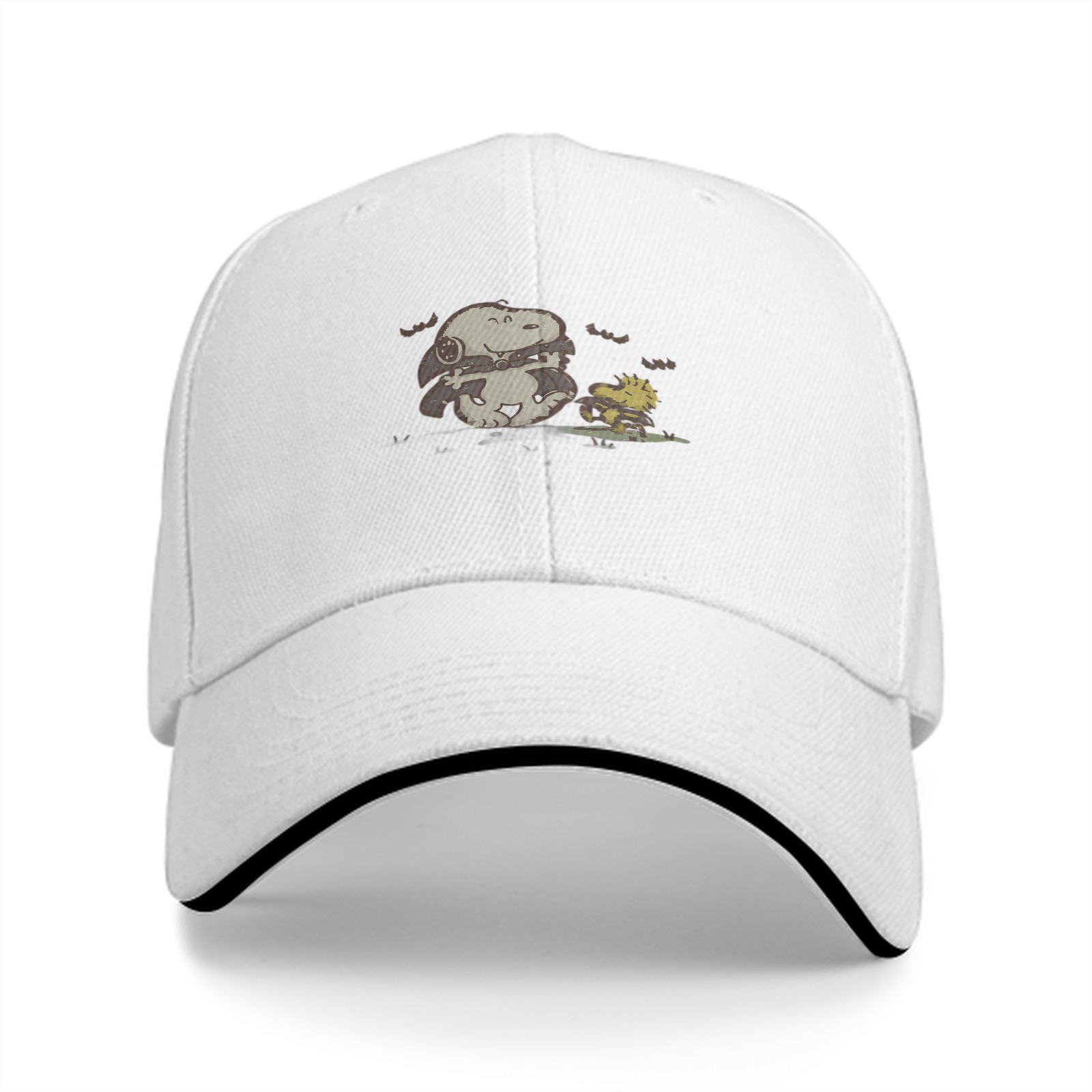 Black baseball cap with Snoopy and Woodstock Halloween design