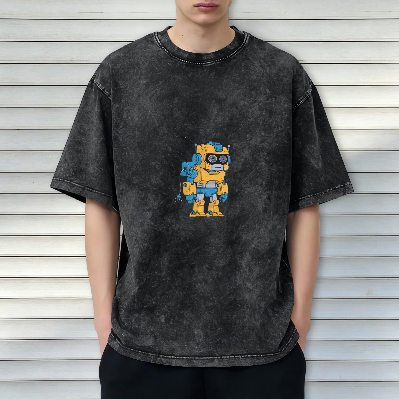 Oversized Acid Wash T-Shirt With Cute Yellow Robot Graphic