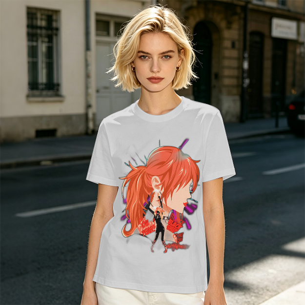 Olive T-Shirt with Anime Red-Haired Girl Profile Art Print