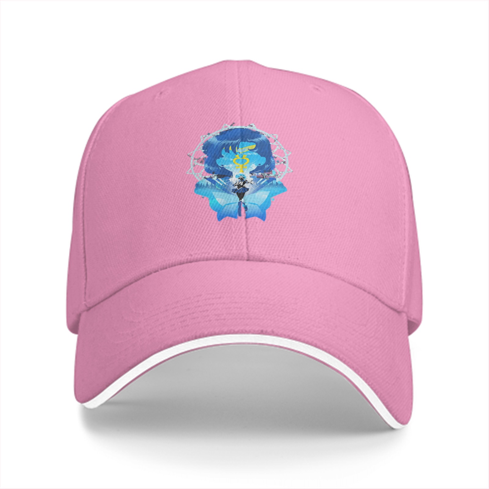 Black Baseball Cap With Blue Anime Character Art Print