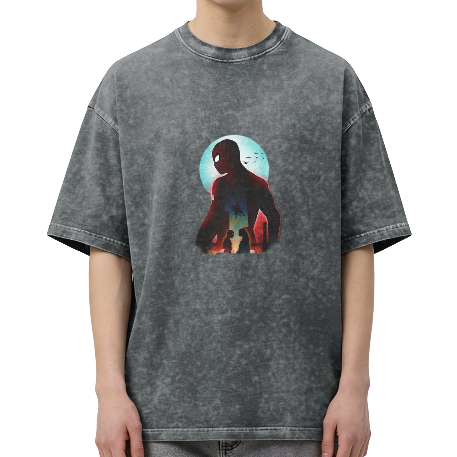 Washed Black T-Shirt with Spider-Man Silhouette Graphic