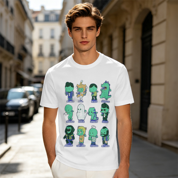Olive Green T-Shirt With Cute Green Alien Character Print