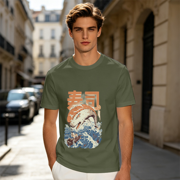 Olive t-shirt with sushi monster and great wave graphic
