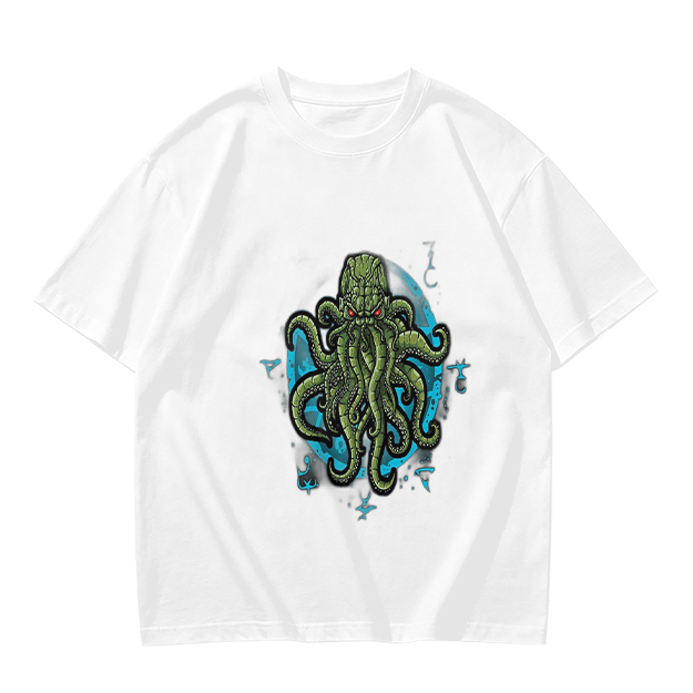 Olive Green T-Shirt With Cthulhu Octopus Monster Graphic