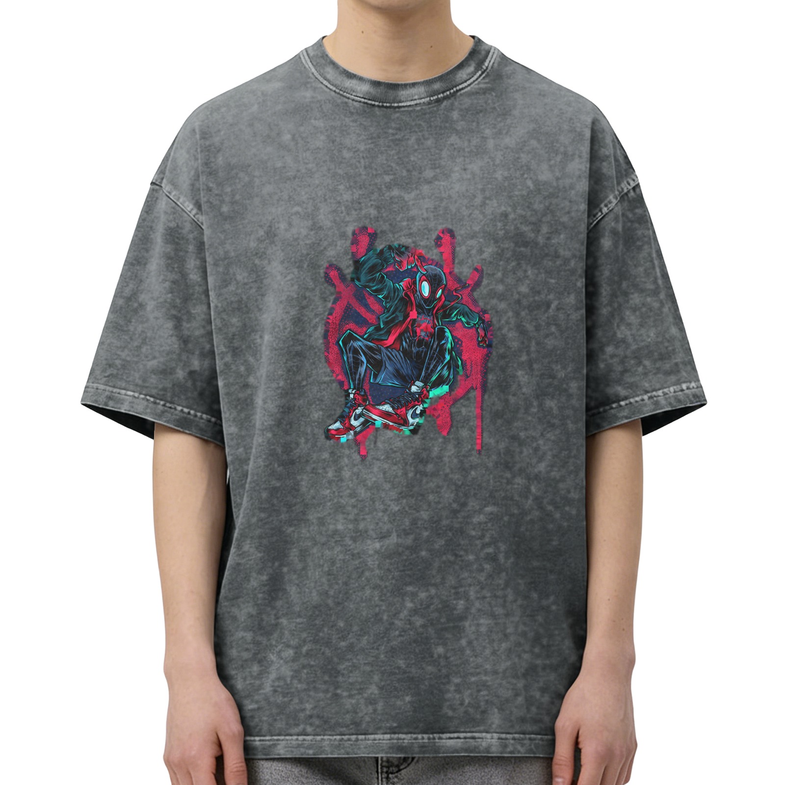 Washed distressed black short-sleeved T-shirt Miles Spider-Man printed street fashion loose top