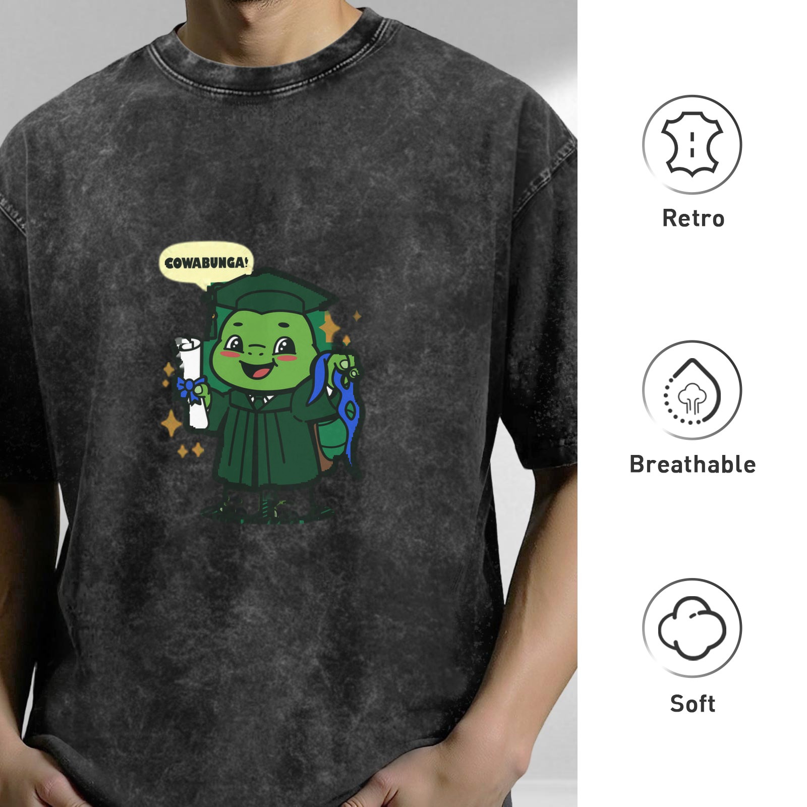 Washed Black T-Shirt with Graduation Turtle Cowabunga Print