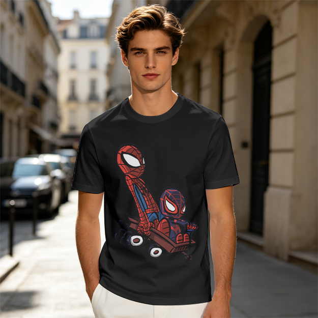 Olive T-shirt with Chibi Spider-Men Riding a Wagon Graphic
