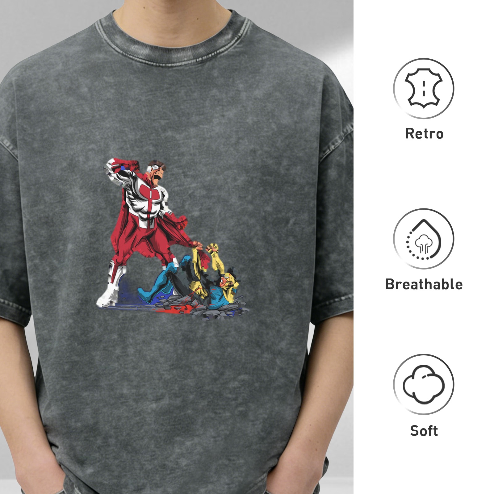 Oversized Dark Wash T-Shirt with Superhero Fight Graphic Print