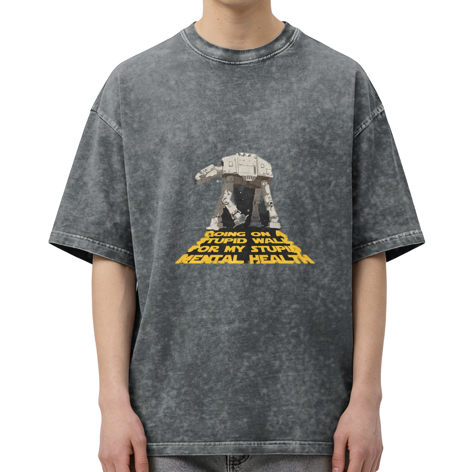 Old washed black Star Wars AT-AT walker fun text printed short-sleeved T-shirt