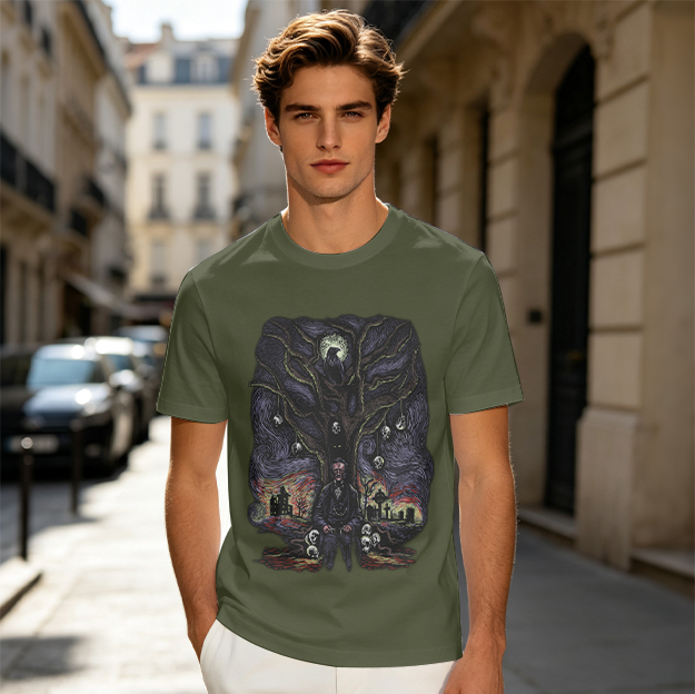 Olive t-shirt with gothic tree raven and graveyard graphic