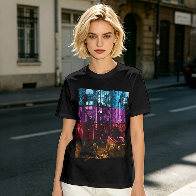 Olive T-Shirt With Vibrant Neon City Alley Graphic Print