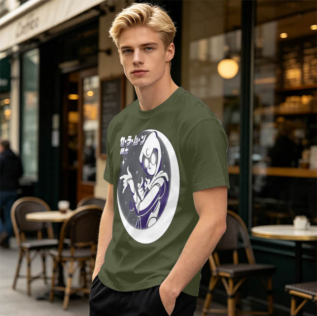 Olive T-shirt with Moon Warrior Anime Graphic Print