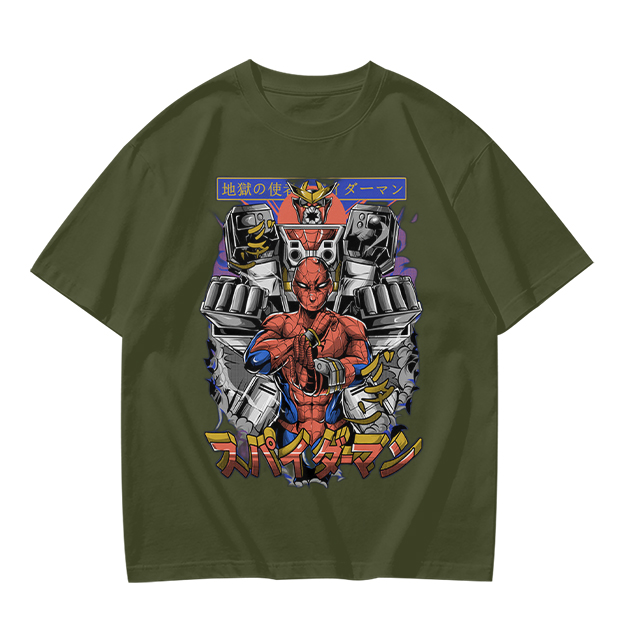 Olive T-shirt with Japanese Spider-Man Mech Graphic Print