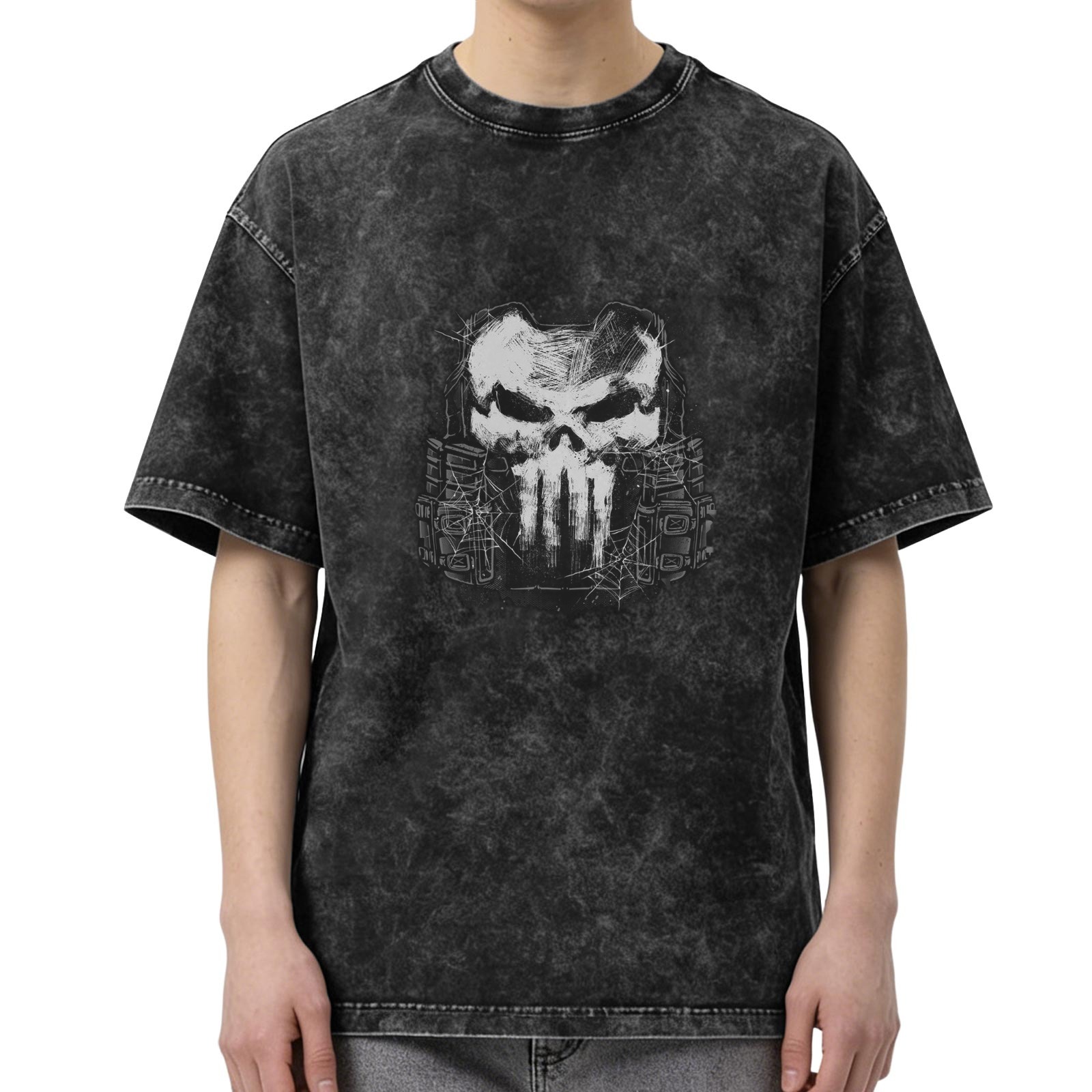 Washed Black T-Shirt With Tactical Skull Graphic Print